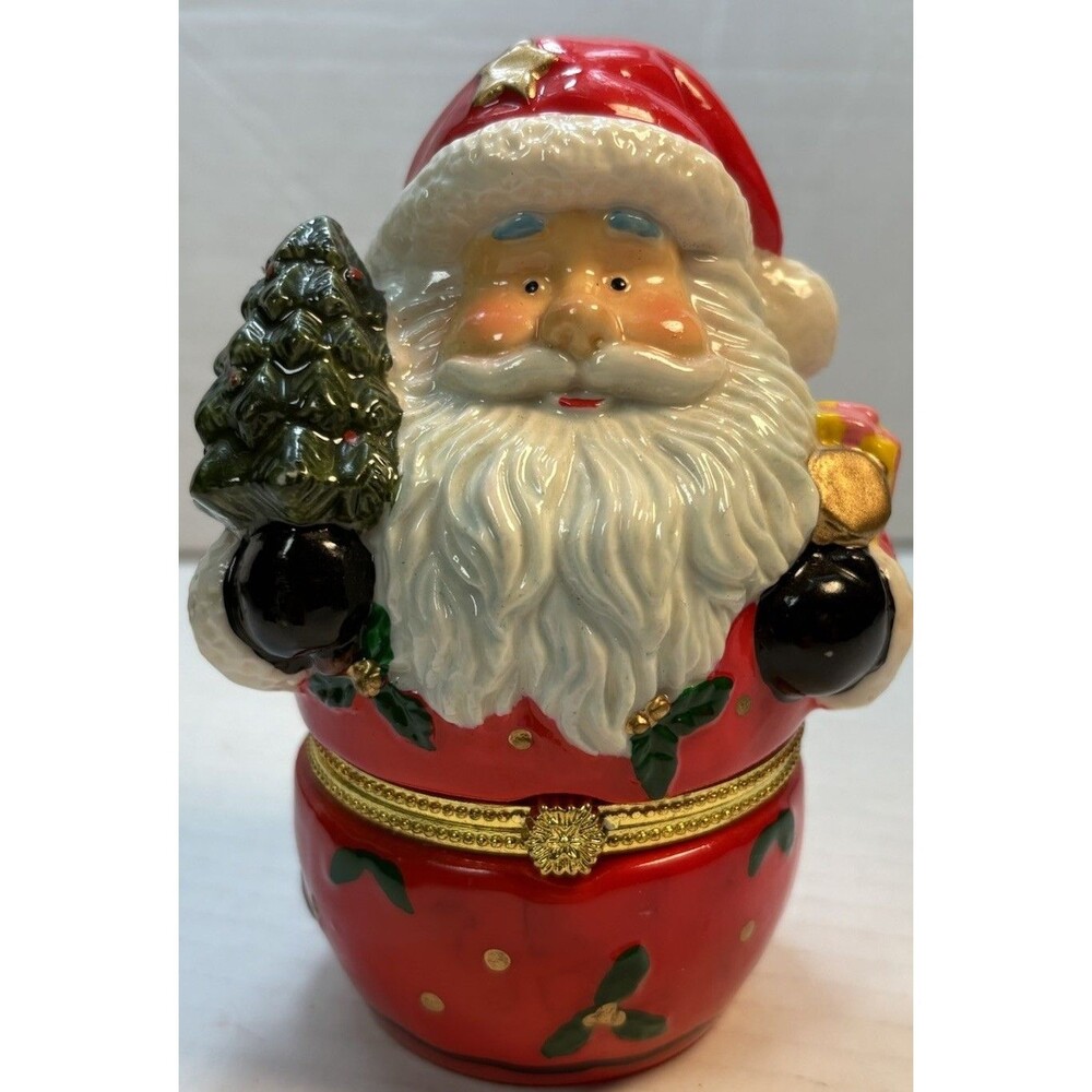 Jolly Chubby Santa Claus Gold Hinged Christmas Trinket Box Porcelain 4 1/4"